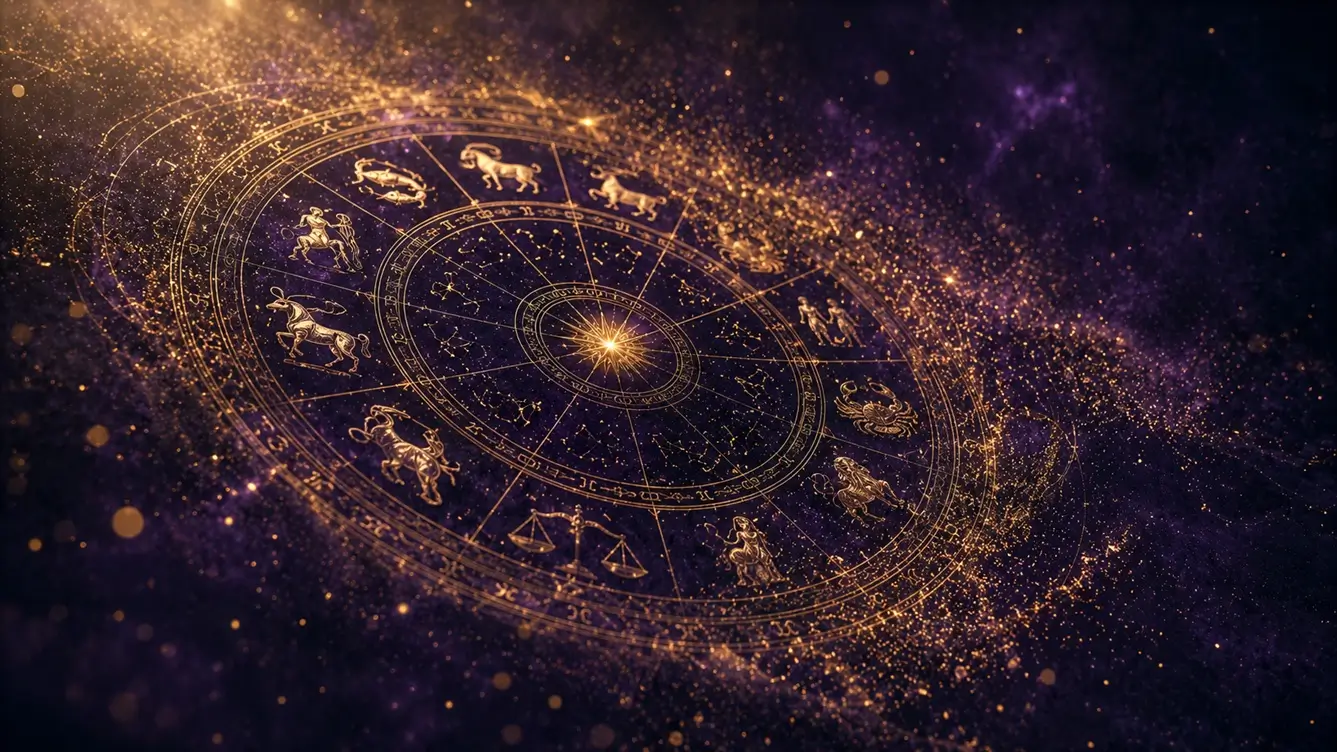 Gold and ivory astrological wheel on deep indigo background, partially dissolving into particles at the edges